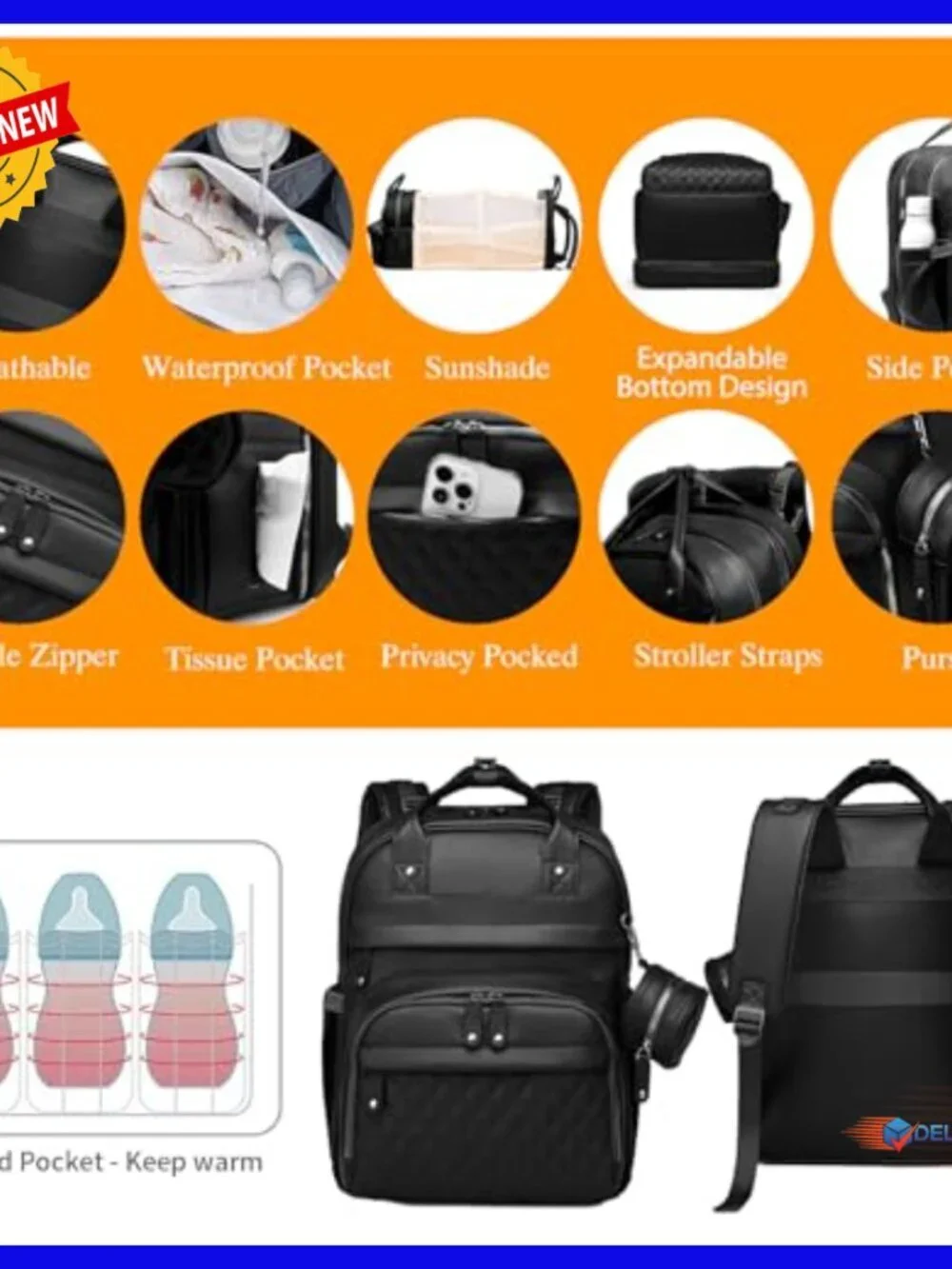 Large Waterproof Diaper Backpack with Changing Station & USB Port